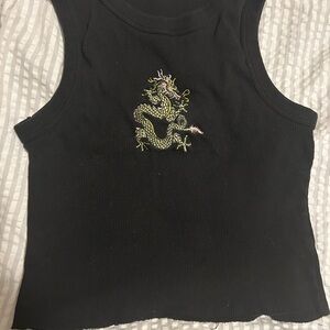 Brandy Melville Black Tank with Green Dragon Embroidery